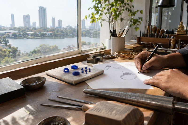 A designer sketching a ring beside sapphires and wax models