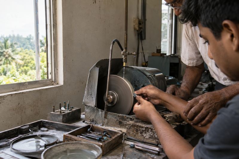 An apprentice cutting a gem with a master's hand guiding