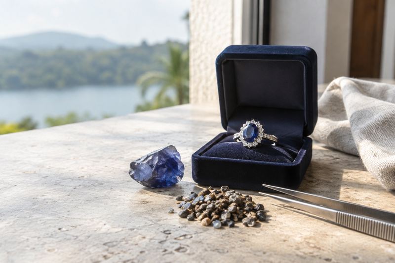 A sapphire ring beside a rough stone and pit gravel