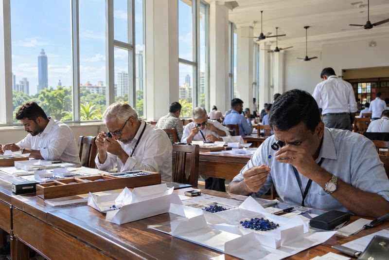 Buyers examining sapphire parcels at a Colombo auction