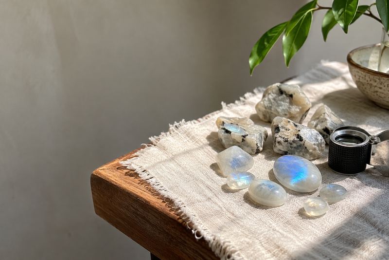 Polished and rough moonstones with a loupe on linen