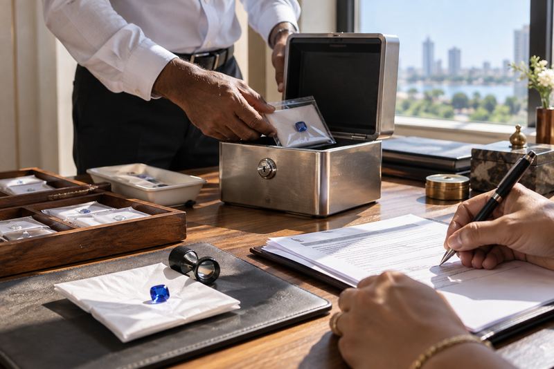 Hands signing an agreement beside a sealed gem packet