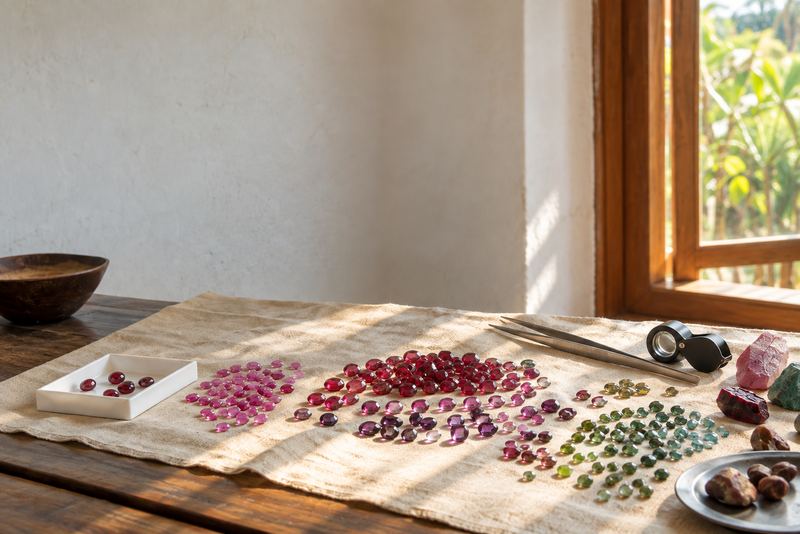 Garnets, spinels and coloured gems laid out in a gradient