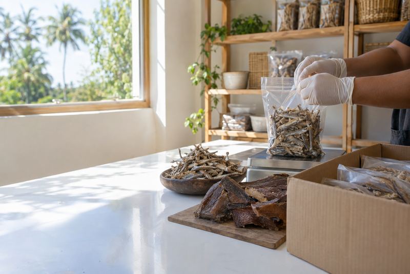 Dried fish weighed and sealed in pouches in a bright room