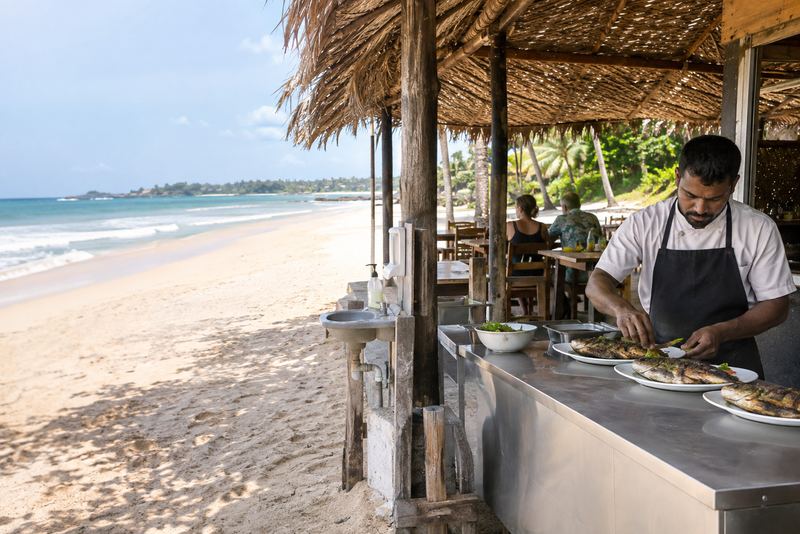 A clean thatched beach cafe serving grilled fish at midday