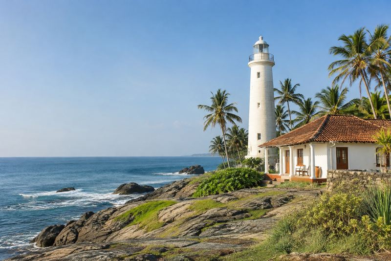 A whitewashed keeper's cottage beside a lighthouse in sunshine