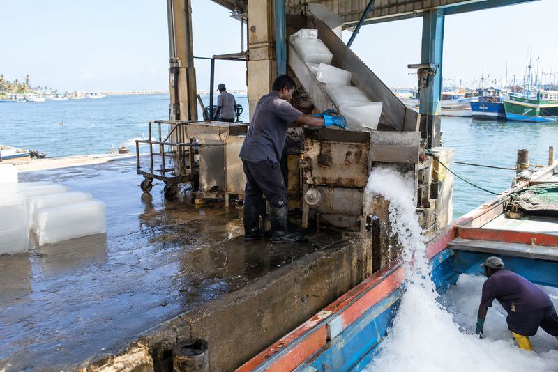 Crushed ice pouring into a fishing boat's hold at a harbour