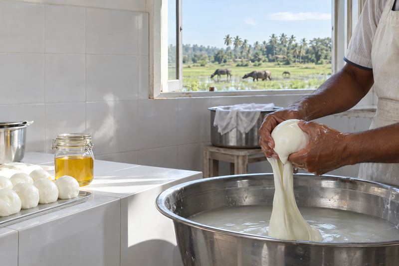 Buffalo mozzarella being stretched with buffalo grazing outside