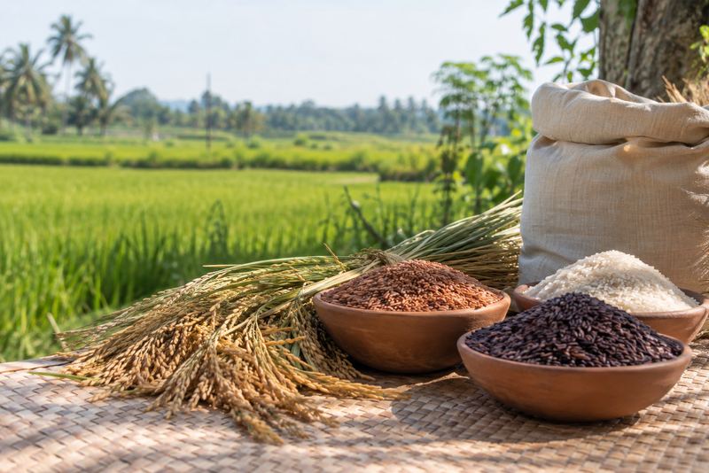 Red, white and purple heritage rice in clay bowls