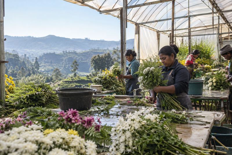 Workers bunching cut flowers in a hill-country greenhouse