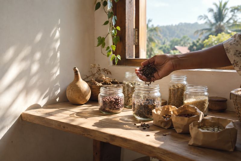 Heritage seeds in glass jars on a sunny shelf