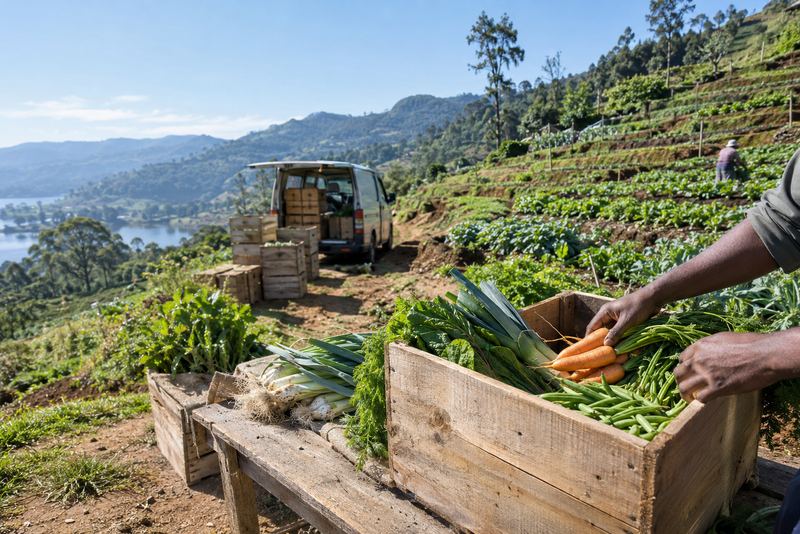 Vegetable boxes packed at the edge of a hill farm