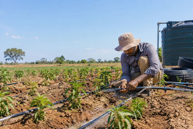 A technician fitting drip irrigation in a chilli field
