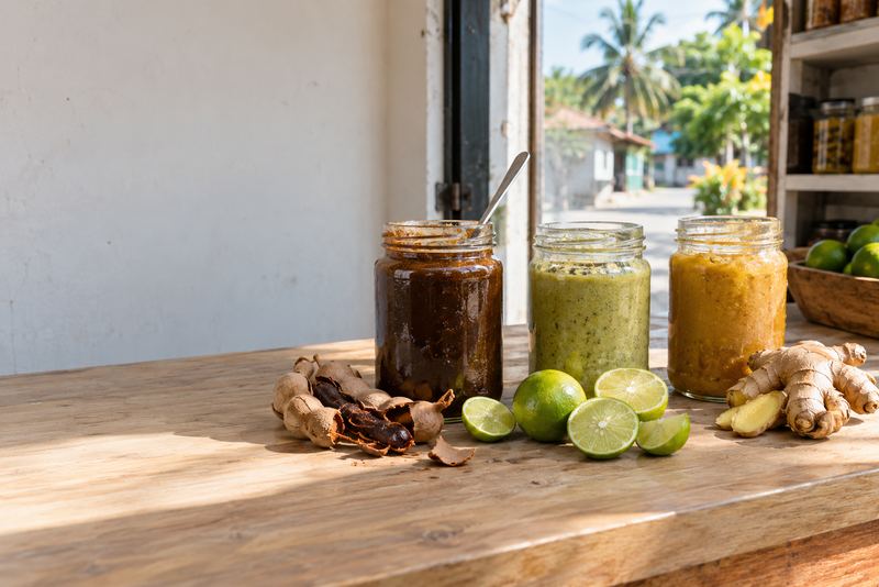 Jars of tamarind, lime and ginger paste on a counter