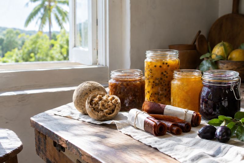 Jars of wood-apple, passion fruit and jamun preserves