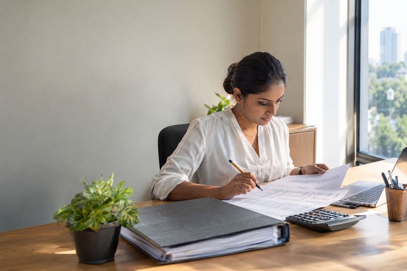 An accountant ticking a printed set of accounts