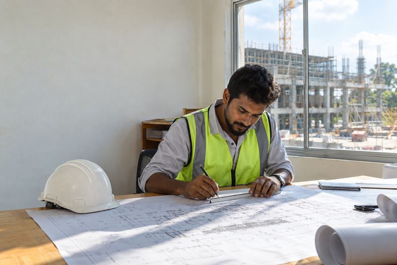 An engineer checking a structural drawing with a scale ruler