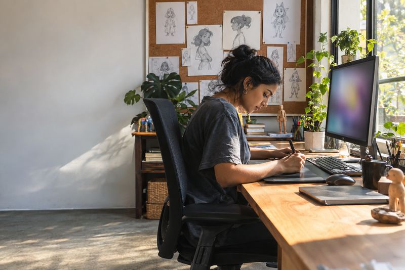An animator drawing on a pen tablet in a sunny studio