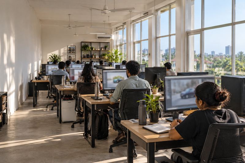 Rows of workers labelling photographs in a bright office