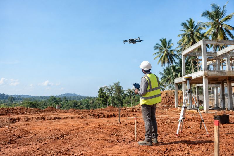 A surveyor flying a mapping drone over a building site