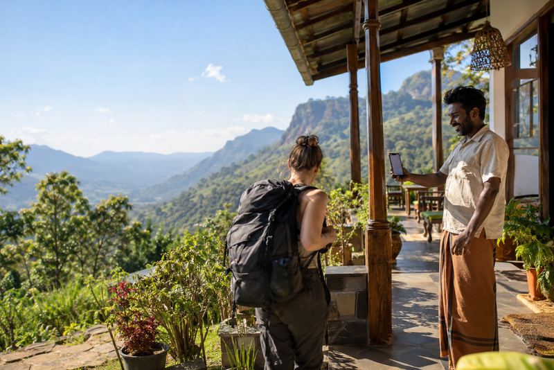 A guesthouse owner with a phone on a veranda in Ella