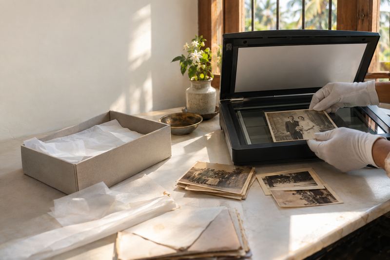 Old family photographs being scanned on a light table