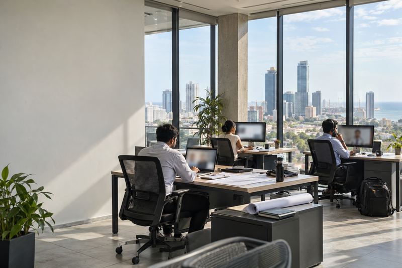 An engineering team at work in a sunny Colombo office