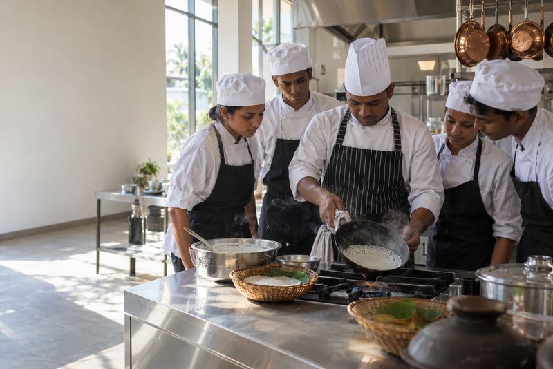 Student chefs learning to make hoppers in a training kitchen
