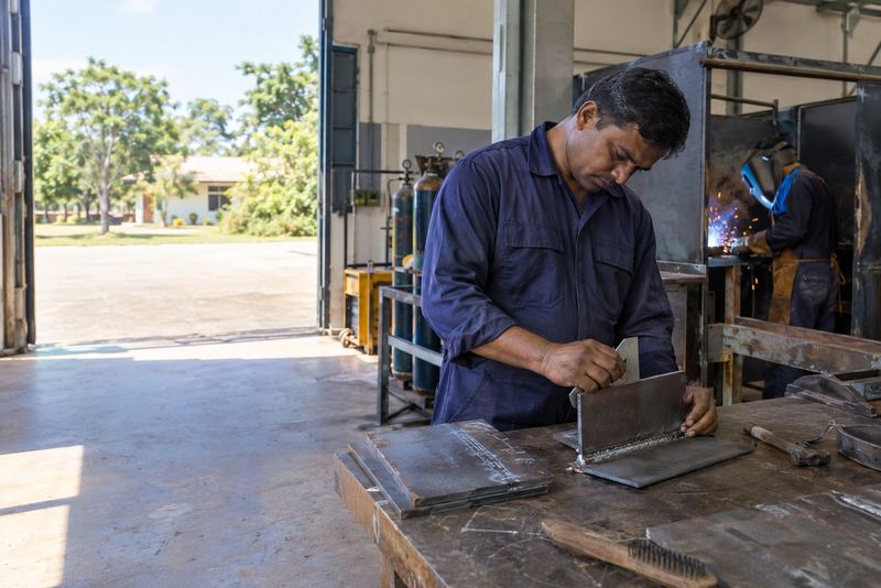 An examiner checking a weld at a trade testing centre