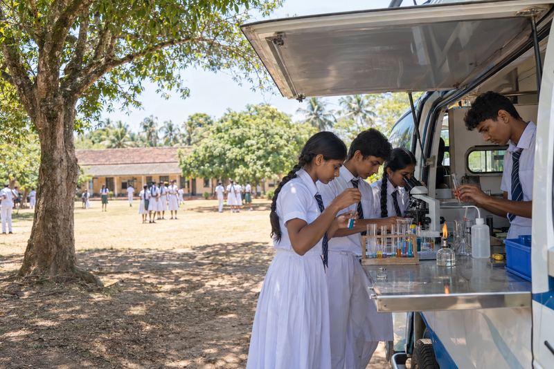 Students doing a practical at a mobile science lab van