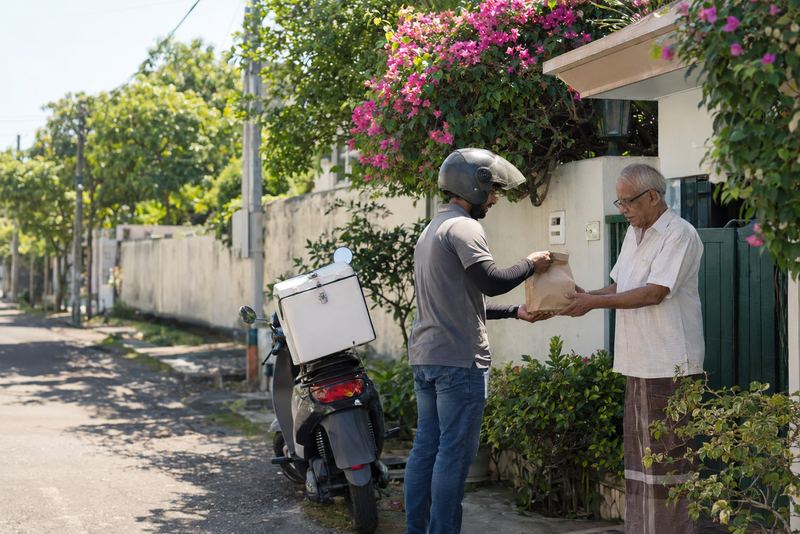 A rider delivering medicines to an elderly man at his gate