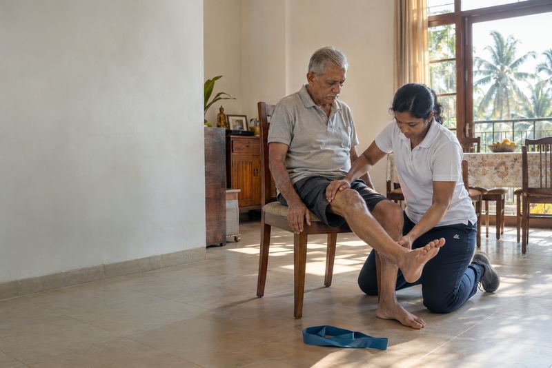 A physiotherapist exercising an elderly man's knee at home