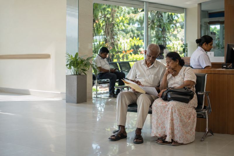 An elderly couple with insurance papers in a waiting area