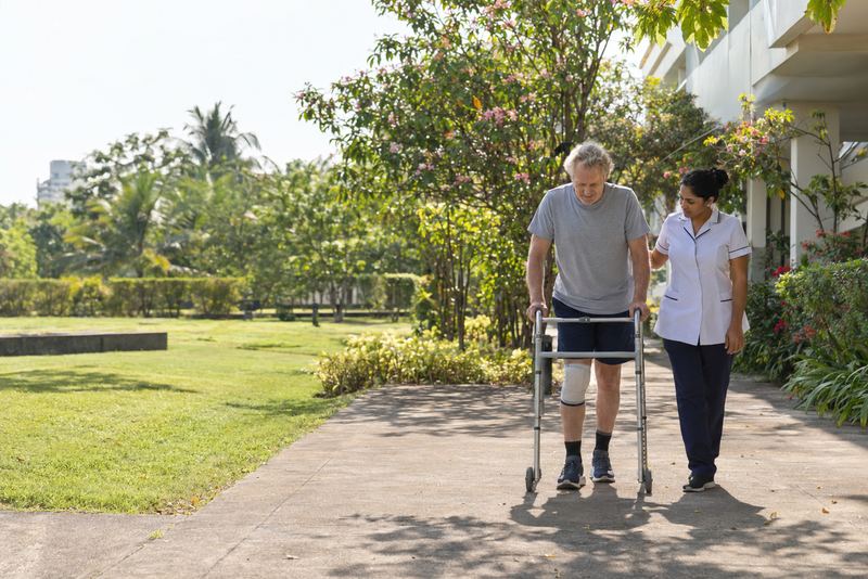 A patient walking with a frame in a hospital garden