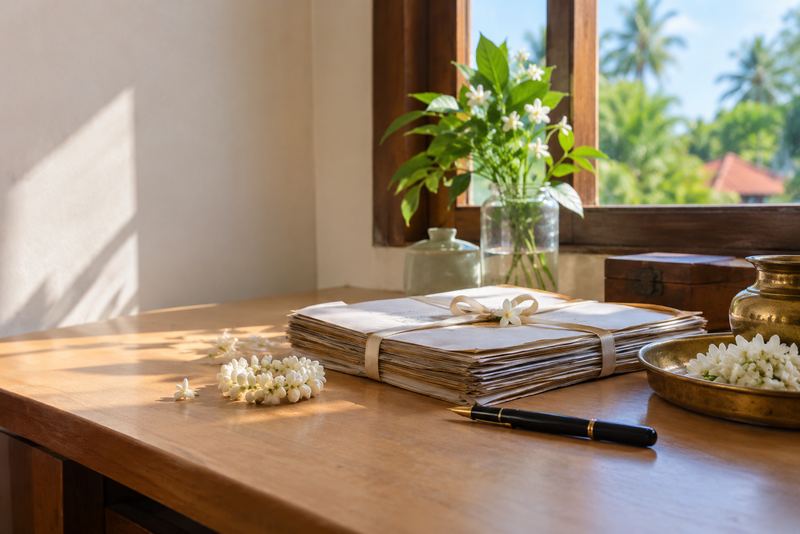 Deeds, a fountain pen and a jasmine garland on a desk