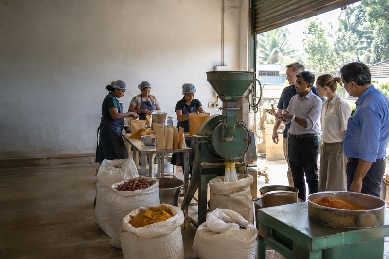 A manager showing investors round a spice workshop