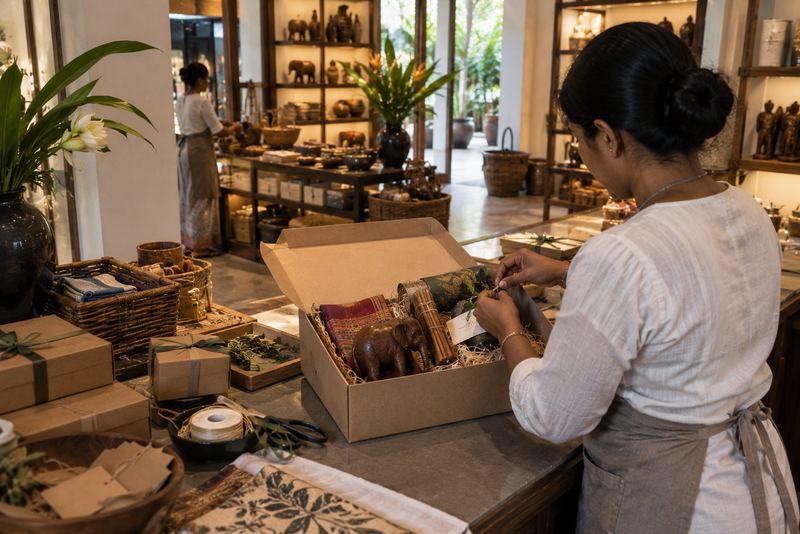A gift box of Sri Lankan goods being packed by hand at a counter