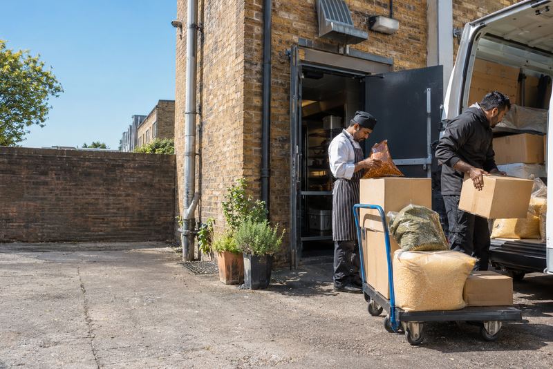 Spices delivered from a van to a restaurant's back door