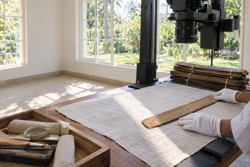 A palm-leaf manuscript being photographed in a bright archive