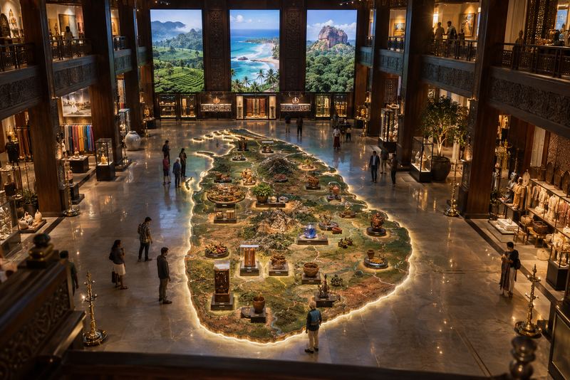 Visitors walking around a large model map of Sri Lanka in a hall