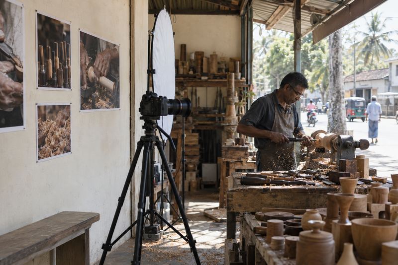 A craftsman at his lathe being photographed in daylight