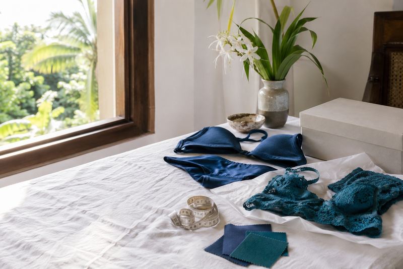 Swimwear and lace on a bright linen table