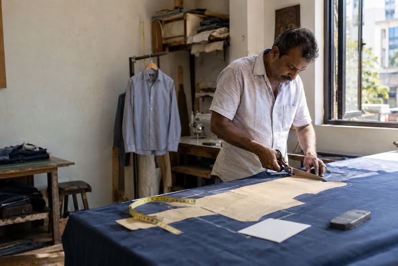 A tailor cutting a made-to-measure shirt in a sunny workshop