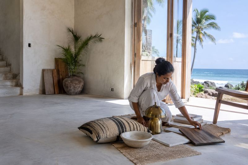 Interior samples laid out in a sunny seaside villa