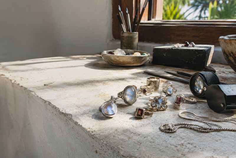 Silver jewellery with moonstones on a sunny stone bench