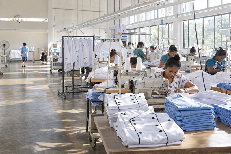 Machinists sewing chef jackets and hospital tunics in daylight