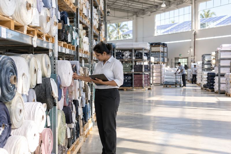 An auditor checking fabric rolls in a bright factory warehouse