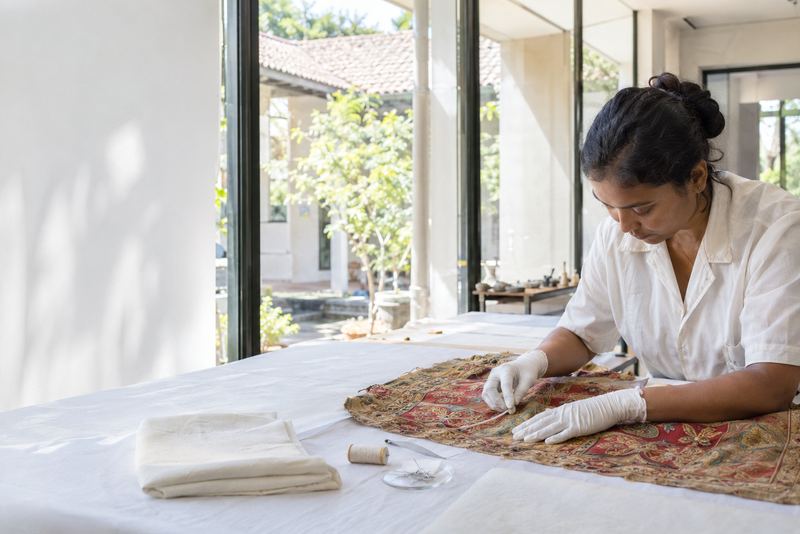 A conservator smoothing an old embroidered cloth in a bright studio