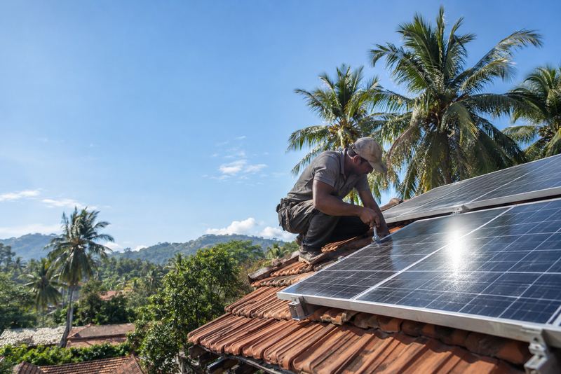 A fitter installing solar panels on a tiled village roof