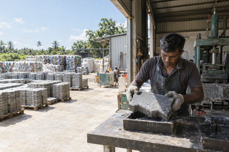 A paving tile made from recycled plastic in a sunny workshop